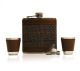 HIP FLASK SET CHOCOLATE TWEED WITH TWO CUPS AND A FUNEL